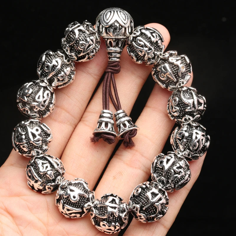 Nepal Vintage Handmade Tibetan Silver Transit Jewelry Six-character Mantra Heart Sutra Bracelet and Bead Bracelet